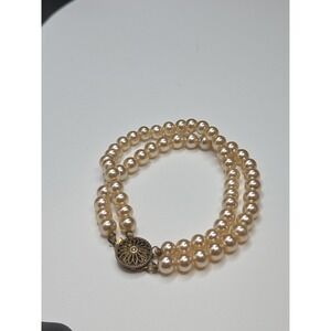 Vintage Sterling Silver Clasp Double Strand Faux Pearl Bracelet Mid Century